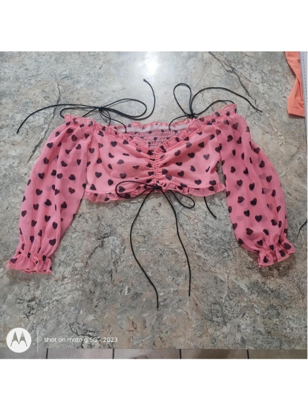 Pink Crop Top Black Hearts Bow Detail Size S - Picture 3 of 8